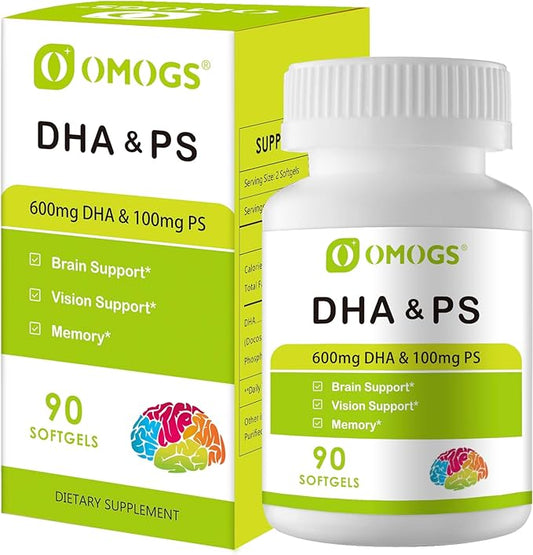 DHA Adult Softgels with Phosphatidylserine, Walnut Oil and Vitamin C，DHA Supports Healthy Brain Function, Vision and Memory, Gluten Free,Non-GMO, 90 Softgels.