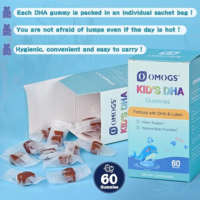 Children’s DHA Blueberry Flavoured Gummies, with Lutein, Omega-3 & Vitamin C for Eye Health, Brain Health & Healthy Immunity, Gluten Free, Vegan, 60 Gummies.