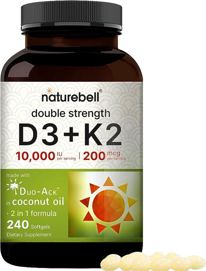 NatureBell Vitamin D3 K2 (10,000 IU Vitamin D + 200mcg Vitamin K MK-7) 240 Softgels with Coconut Oil for Complete Absorption | Bone, Heart, Immune, & Calcium Support | One a Day, Non-GMO