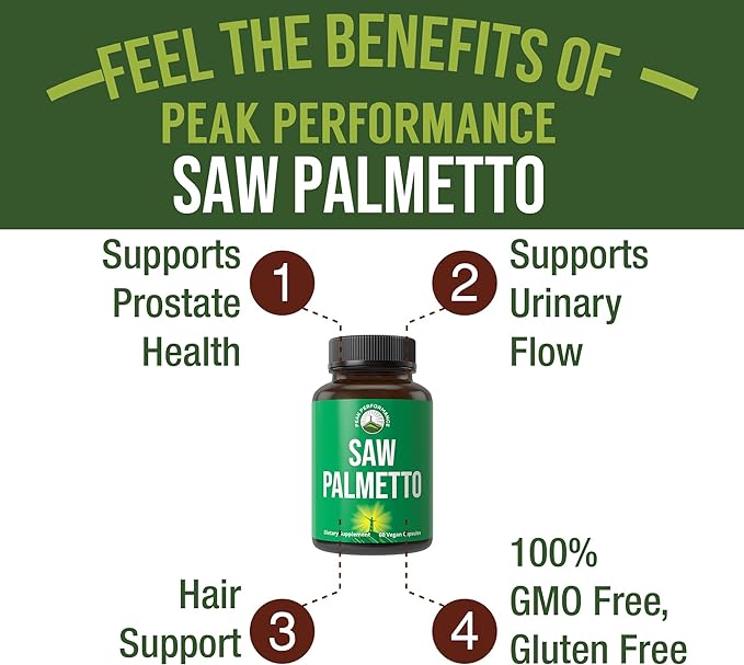 Peak Performance Saw Palmetto Capsules for Men and Women 1000mg All Natural Saw Palmetto Extract Pills for Prostate Support. DHT Blocker Supplement for Hair Loss, Prostate Health, Urinary Flow