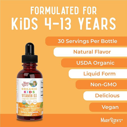 USDA Organic Vitamin D3 Liquid Drops for Kids by MaryRuth's | 640 IU Vitamin D3 Per Serving | Kids Immune Support & Bone Health Supplement | Formulated for Ages 4-13 | 0.5oz | 30 Servings