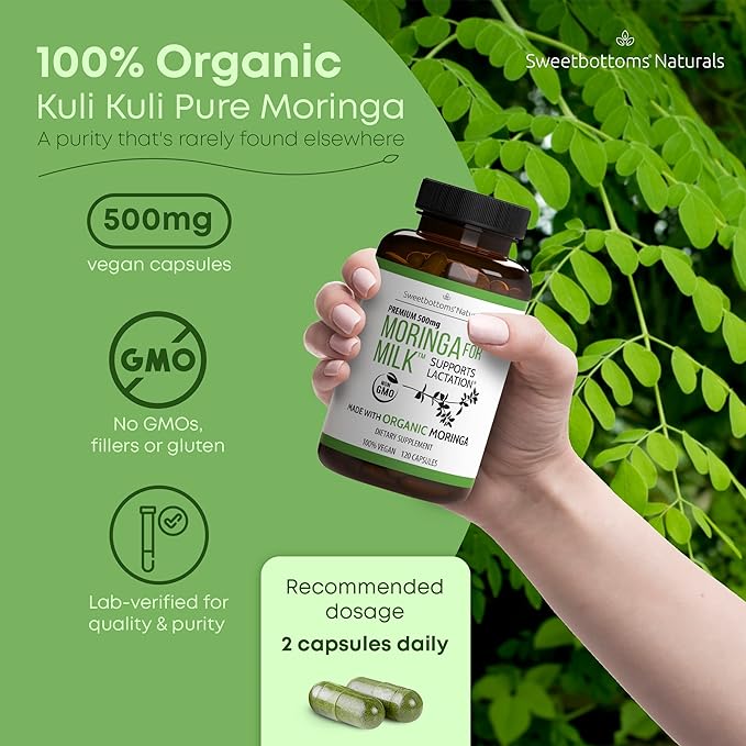 Lactation Supplement - Organic Moringa Capsules for Breastfeeding Support to Increase Breastmilk Supply (120 ct) Pure Malunggay Leaf Powder for Milk Production Booster & Postnatal Vitamins A E K 500mg