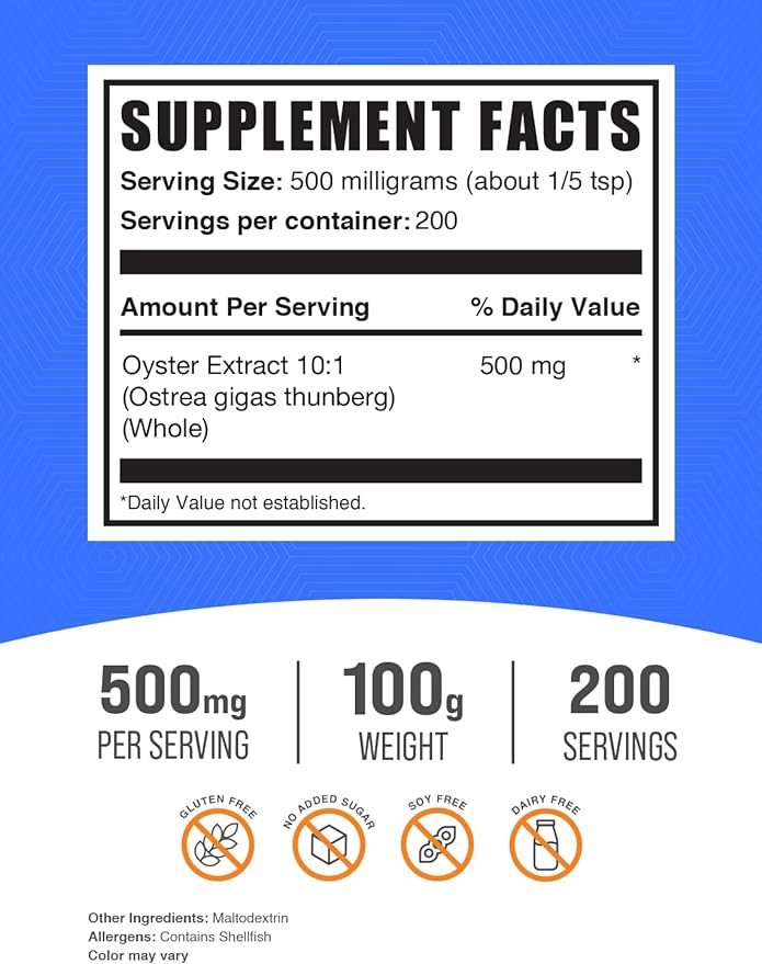 BulkSupplements.com Oyster Extract Powder - Oyster Supplement, from Whole Oyster Shells, Oyster Powder - Gluten Free, 500mg per Serving, 100g (3.5 oz) (Pack of 1)