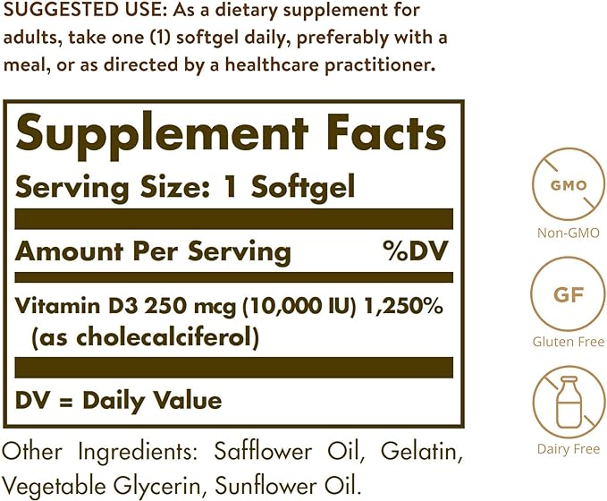 Solgar Vitamin D3 (Cholecalciferol) 250 MCG (10,000 IU), 120 Softgels - Helps Maintain Healthy Bones & Teeth - Immune System Support - Non GMO, Gluten/ Dairy Free - 120 Servings