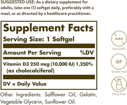 Solgar Vitamin D3 (Cholecalciferol) 250 MCG (10,000 IU), 120 Softgels - Helps Maintain Healthy Bones & Teeth - Immune System Support - Non GMO, Gluten/ Dairy Free - 120 Servings