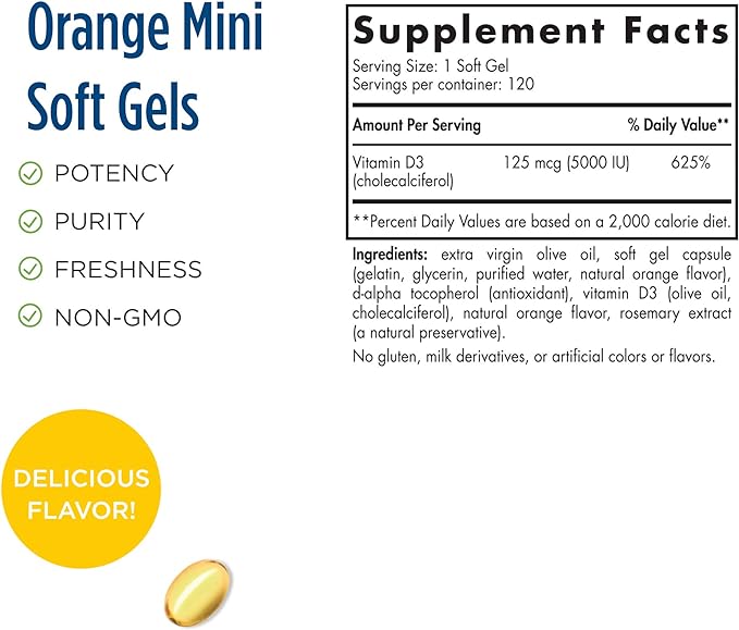 Nordic Naturals Pro Vitamin D3 5000, Orange - 120 Mini Soft Gels - 5000 IU Vitamin D3 - Supports Healthy Bones, Mood & Immune System Function - Non-GMO - 120 Servings