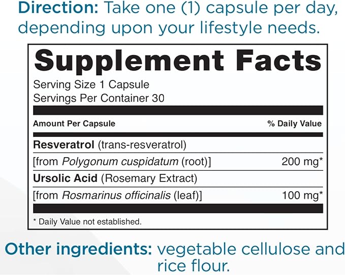 RESOLITROL - Powerful Antioxidant Formula with Trans-Resveratrol and Ursolic Acid - Supports Healthy Aging, Heart, and Metabolism - 30 Veggie Capsules