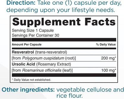 RESOLITROL - Powerful Antioxidant Formula with Trans-Resveratrol and Ursolic Acid - Supports Healthy Aging, Heart, and Metabolism - 30 Veggie Capsules