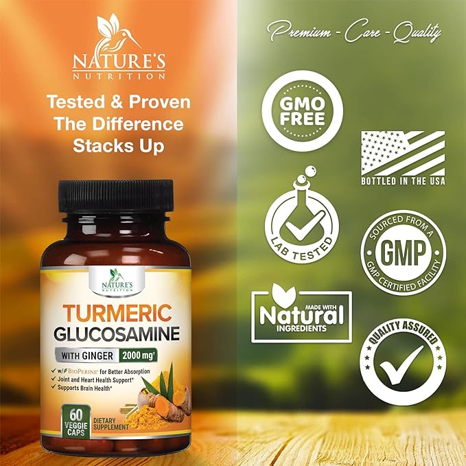 Turmeric Curcumin with BioPerine, Ginger & Glucosamine 95% Curcuminoids 2000mg Black Pepper for Max Absorption Joint Support, Nature's Tumeric Herbal Extract Supplement, Vegan, Non-GMO - 60 Capsules