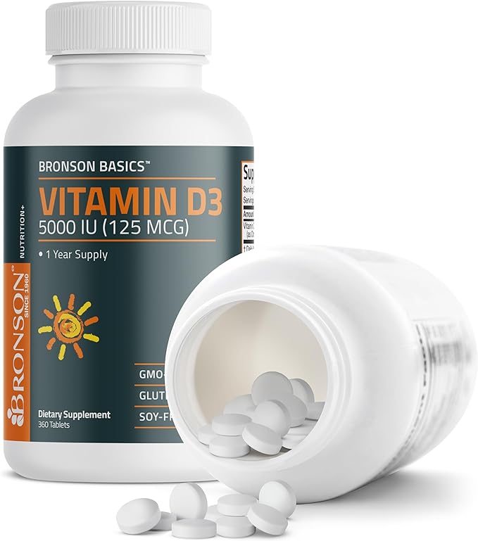 Bronson Vitamin D3 5,000 IU (125 MCG) 1 Year Supply for Healthy Muscle Function and Immune Support, Non-GMO, 360 Tablets