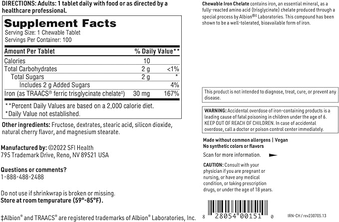 Klaire Labs Chewable Iron Chelate - 30 Milligrams Elemental Iron, Easy on The Stomach & Hypoallergenic, Natural Cherry Flavor (100 Tablets)