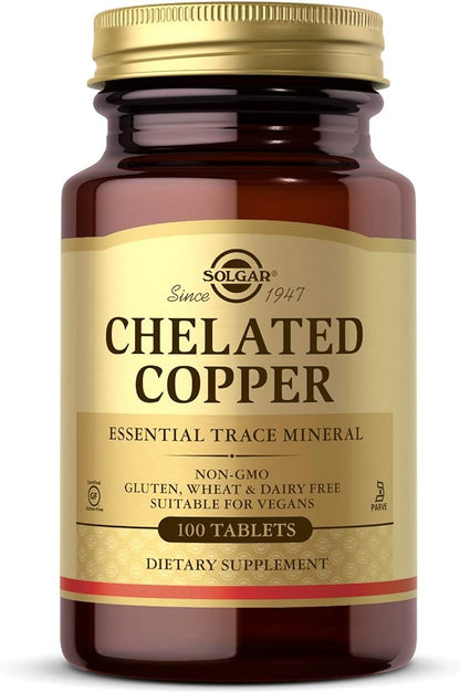 Solgar Chelated Copper, 100 Tablets - Essential for Collagen Formation - Highly Bioavailable Form - Supports Connective Tissue - Non-GMO, Vegan, Gluten Free, Dairy Free, Kosher - 100 Servings