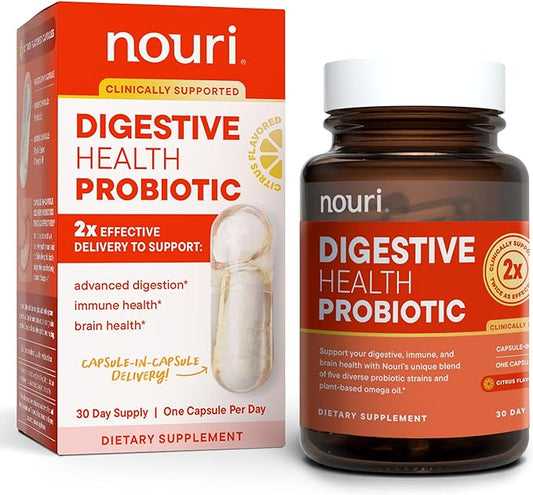 Nouri Digestive Health Probiotic and Omega Oil, Probiotics for Digestive Health, for Men and Women, Take Daily - 30 Day Supply