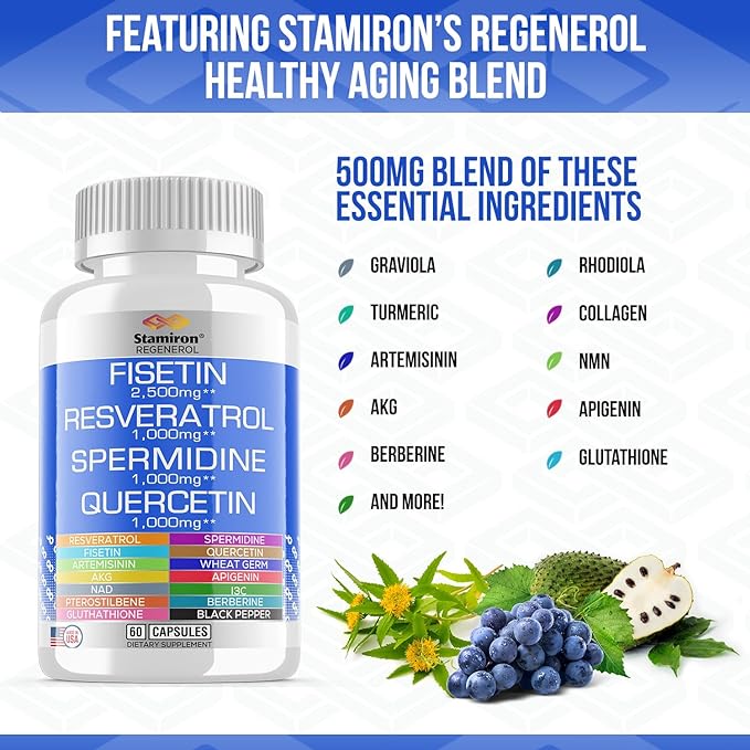 Fisetin 2500mg Resveratrol 1000mg Spermidine Wheat Germ 1000mg Quercetin 1000mg Supplement with Collagen, Glutathione, Berberine, NAD, Rhodiola, AKG, Apigenin, I3C Turmeric - Made in USA