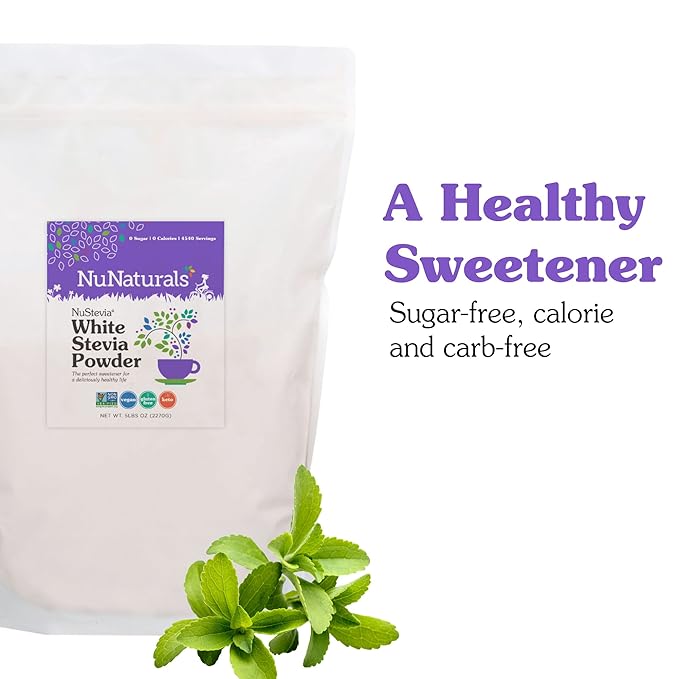 NuNaturals White Stevia Powder, Plant-Based Sugar Substitute, Zero Calorie Sweetener, 5 lbs