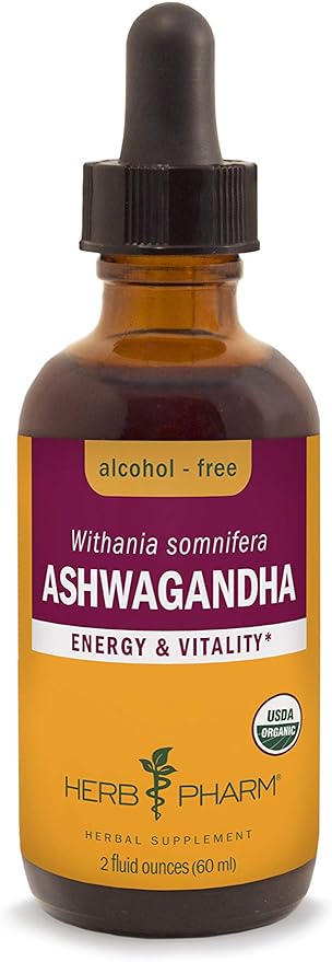 Herb Pharm Certified Organic Ashwagandha Extract Drops for Traditional Support for Energy and Vitality, Alcohol-Free Glycerite, 2 Oz