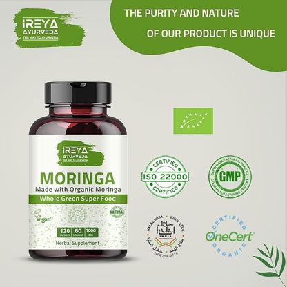 Organic Moringa Capsule 1000 mg (120 Capsules), Moringa Capsules Made from Organic Raw Dried Moringa Leaf Powder | Non-GMO Whole Green Super Food Nutrition 60 Days Supply