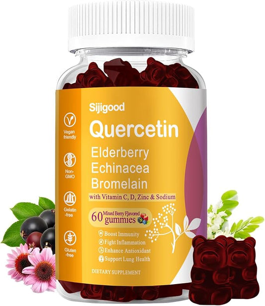 1,200MG Quercetin Gummies with Bromelain, Elderberry, Echinacea, Vitamin C D Zinc - Immune System Support 60 Counts Pure Quercetin Gummies for Kids & Adults