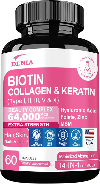 Collagen Pills Peptides Types I, II, III, V & X 64,000 MCG Biotin Keratin Hyaluronic Acid MSM Vitamin A Vitamin C Vitamin E