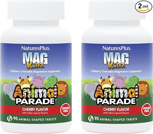 NaturesPlus Animal Parade MagKidz, Natural Cherry Flavor - 90 Animal-Shaped, Chewable Tablets - Pack of 2 - Bone & Muscle Health Support - Non-GMO, Vegan, Gluten Free, Sugar Free - 90 Total Servings