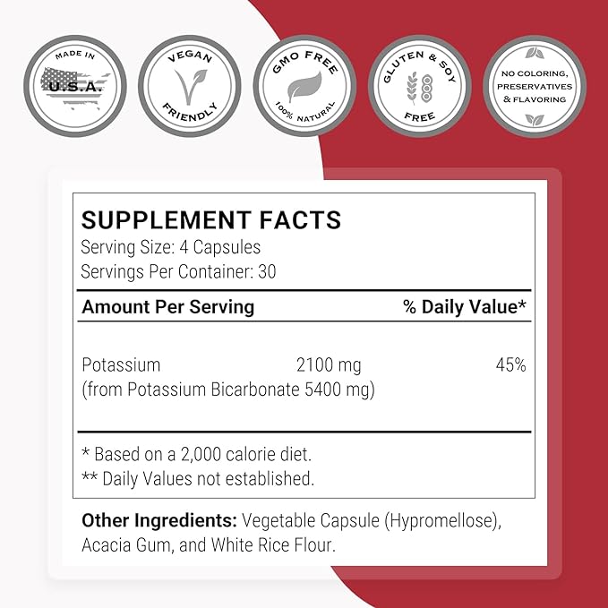 Supersmart - Potassium Bicarbonate 5400mg per Day (High Dose) - Electrolyte Mineral - Acid-Base Balance pH - Heart, Muscles & Nerves Health | Non-GMO & Gluten Free - 120 Vegetarian Capsules