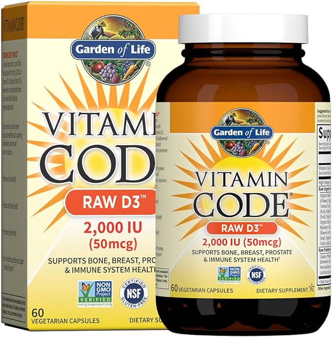 Garden of Life Vitamin D, Vitamin Code Raw D3, Vitamin D 2,000 IU, Raw Whole Food Vitamin D Supplements with Chlorella, Fruit, Veggies & Probiotics for Bone & Immune Health, 60 Vegetarian Capsules