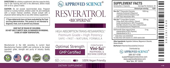 Approved Science® Resveratrol - 1000 mg of Trans Resveratrol - 250 mg of Polyphenol - 98% Purity Level - Includes Bioperine® - 380 Vegan Friendly Capsules - 2 Bottles