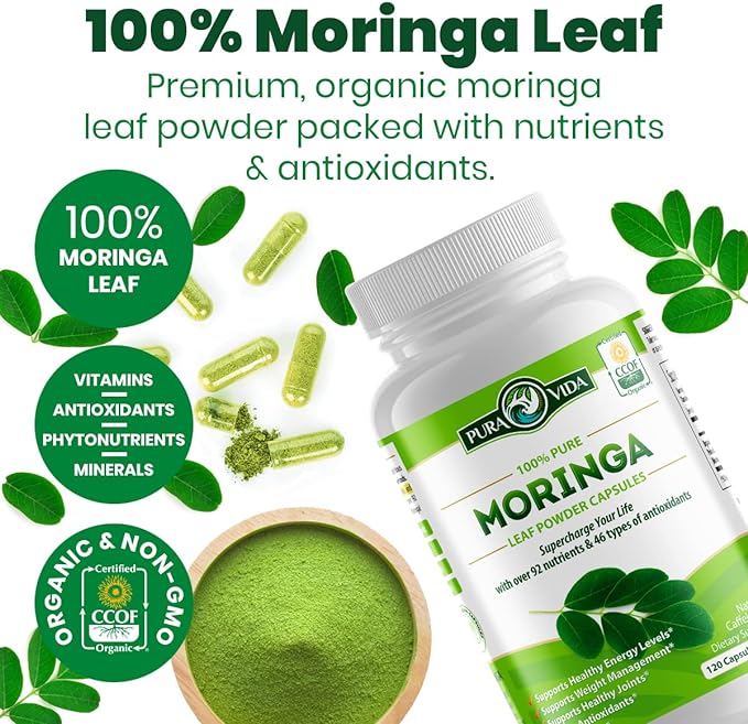 PURA VIDA MORINGA Capsules Single Origin Moringa Powder Organic. Moringa Leaf. Energy, Metabolism, & Immune Support. 120ct. 500mg Caps.