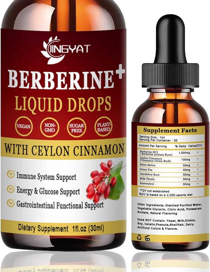 Berberine Liquid Drops 1500mg, Liposomal Berberine HCL, Berberine Complex Supplement w/Ceylon Cinnamon, Resveratrol,Bitter Melon,Green Tea, Dandelion Root, Milk Thistle - Vegan & Natural