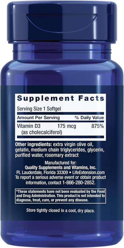 Life Extension Vitamin D3 175 mcg (7000 IU), immune system support, bone health, brain performance, gluten-free, non-GMO, once daily, two-month supply, 60 softgels