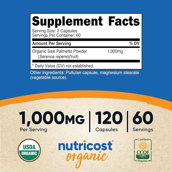 Nutricost Saw Palmetto 1000mg, 120 Capsules - CCOF Certified Made with Organic Saw Palmetto, Vegetarian Friendly, 60 Servings, 500mg Per Capsule, Gluten Free