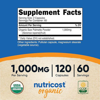 Nutricost Saw Palmetto 1000mg, 120 Capsules - CCOF Certified Made with Organic Saw Palmetto, Vegetarian Friendly, 60 Servings, 500mg Per Capsule, Gluten Free