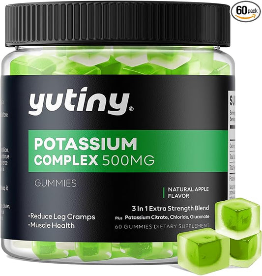 Potassium Supplement 500mg 3 in 1 Potassium Complex Gummies, Chewables with Potassium Citrate, Potassium Chloride, Potassium Gluconate, Extra Strength Blend, 60 Count