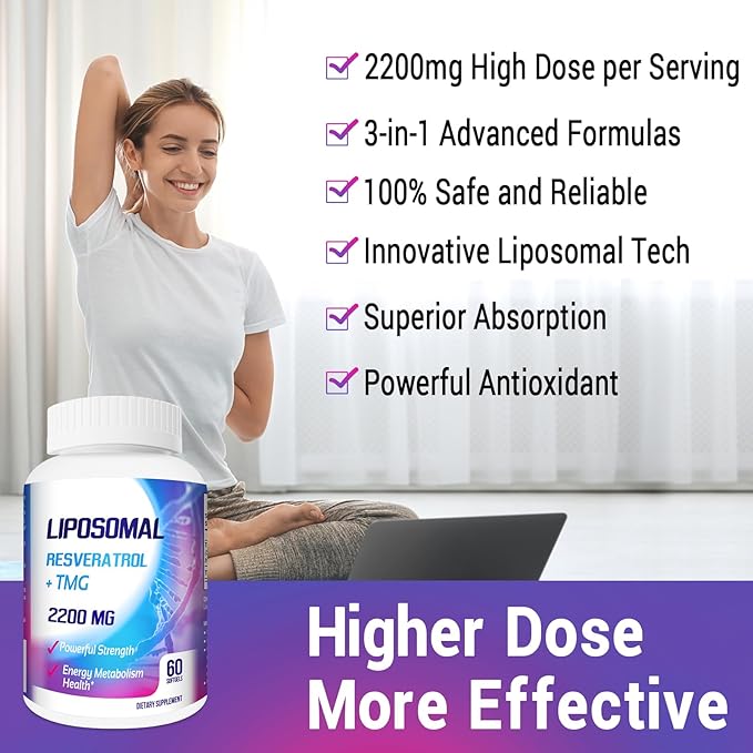 Liposomal 2200mg High Dose Softgel, Trans-Resveratrol 1700mg + TMG 500mg, Powerful Antioxidant for Anti-Aging, Skin Health, Cell Repair, NAD+ Level, Energy & Immune and Overall Health - 600 Softgels