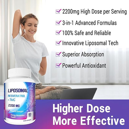 Liposomal 2200mg High Dose Softgel, Trans-Resveratrol 1700mg + TMG 500mg, Powerful Antioxidant for Anti-Aging, Skin Health, Cell Repair, NAD+ Level, Energy & Immune and Overall Health - 600 Softgels