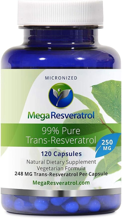 Mega Resveratrol, Pharmaceutical Grade, 99% Pure, Micronized Trans-Resveratrol, 120 Capsules, 250 mg per Capsule. Purity Certified. Absolutely no Toxic Inactive Ingredients Added.