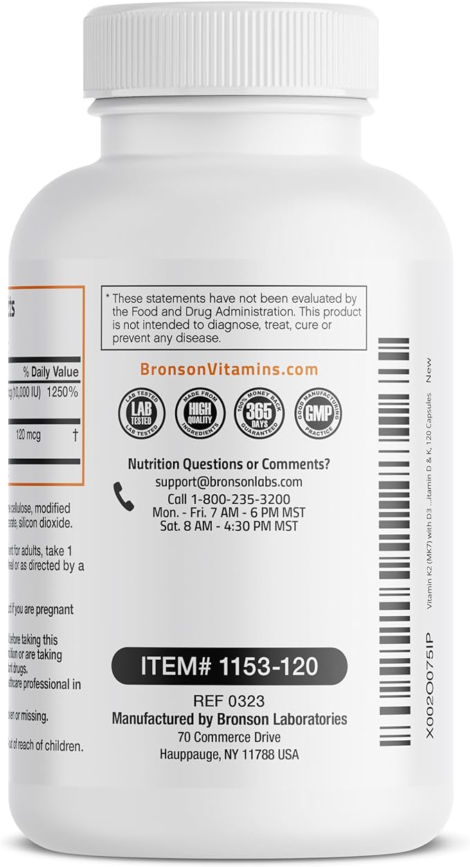 Bronson Vitamin K2 (MK7) with D3 Extra Strength Supplement Bone and Heart Health Non-GMO Formula 10,000 IU Vitamin D3 & 120 mcg Vitamin K2 MK-7 Easy to Swallow Vitamin D & K, 120 Capsules