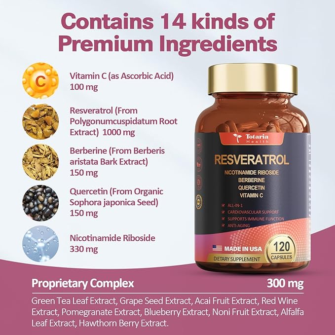 Resveratrol Supplement 8000mg Extra Strength with Berberine Quercetin Green Tea Extract Grape Seed Extract Polyphenol Antioxidant Supplement Antioxidant & Heart Health Support 120 Capsules