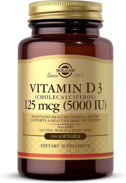 Solgar Vitamin D3 (Cholecalciferol) 125 mcg (5000 IU), 100 Softgels - Helps Maintain Healthy Bones & Teeth - Immune System Support - Non-GMO, Gluten Free, Dairy Free - 100 Servings