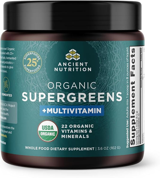 Ancient Nutrition Organic SuperGreens Powder with Probiotics, Organic Multivitamin Greens, Made from Real Fruits, Vegetables and Herbs, Digestive and Energy Support, 12 Servings, 3.6oz