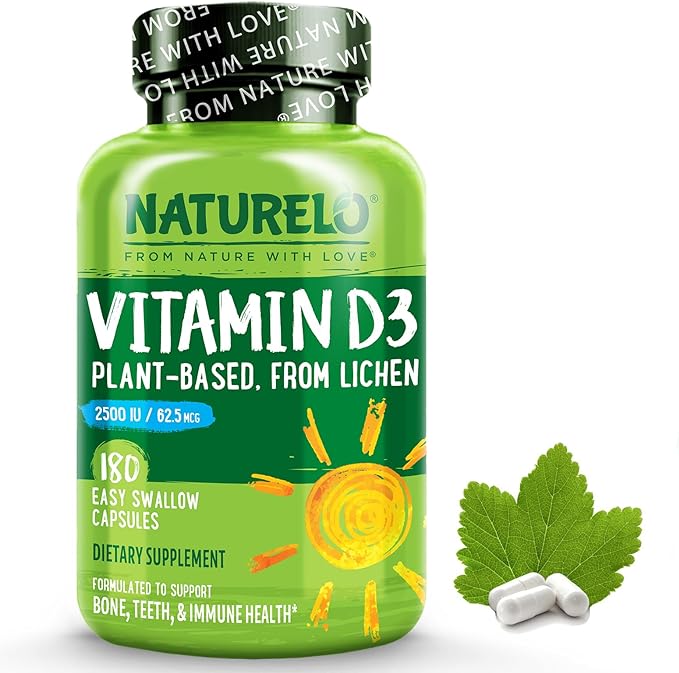 NATURELO Vitamin D - 2500 IU - Plant Based from Lichen - Natural D3 Supplement for Immune System, Bone Support, Joint Health - Vegan - Non-GMO - Gluten Free - 180 Mini Capsules