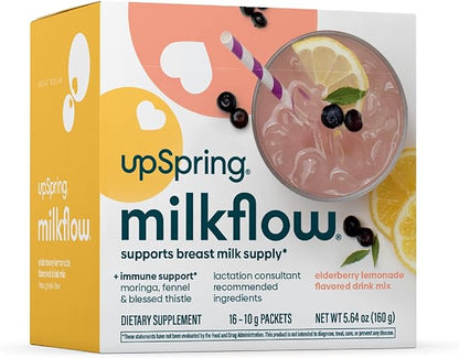 UpSpring Milkflow Immune Support Breastfeeding Supplement Drink Mix Fenugreek-Free, Moringa | Elderberry Lemonade Flavor | Lactation Supplement to Support Breast Milk Supply* | 16 Mixes