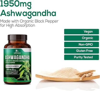 Nature's Nutrition Organic Ashwagandha Capsules Extra Strength 1950mg - Stress Support Formula - Natural Mood Support - Focus & Energy Support Supplement - 120 Capsules