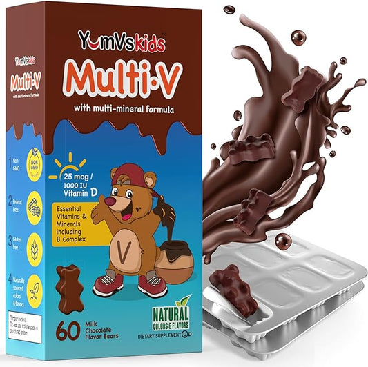 YUM-V'S - Kids Multivitamin Chewable Chocolate Bears - Multivitamin for Kids Supplement - 16 Vitamins & Minerals - Vitamins Including D, Zinc, C, B Complex & More, 60 Count Pack of 1