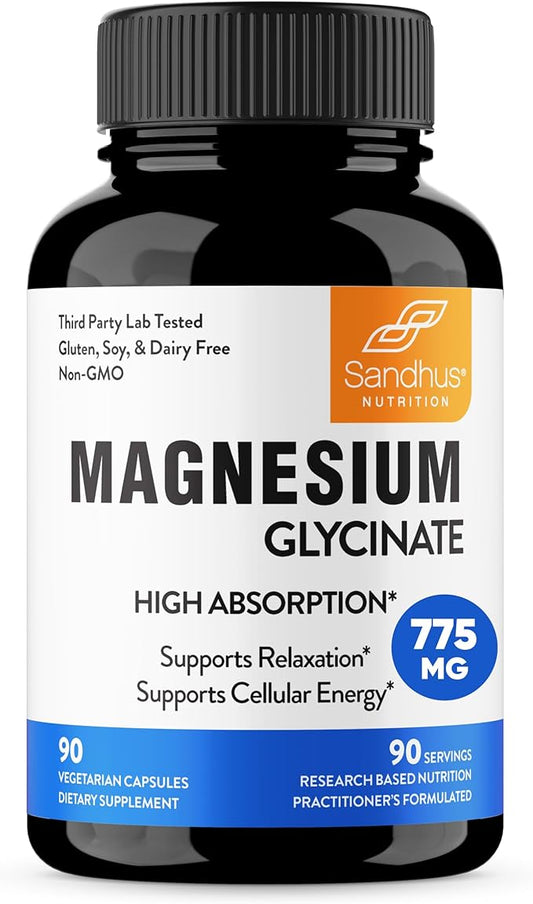 Sandhu's Superior Absorption Magnesium Glycinate 775mg|140mg Elemental Magnesium Capsules|90 Count, 90 days supply|Supports Restful Sleep, Nerve, Muscle, Bone, Heart Health|Pure, Non GMO & Gluten Free