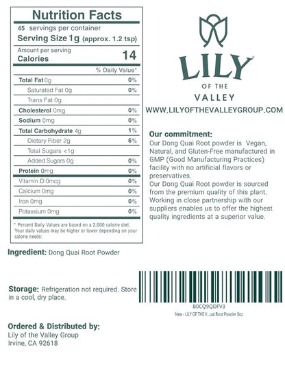 LILY OF THE VALLEY Dong Quai Root Powder - Angelica Sinensis Powder - Unbleached & No Fillers - Vegan & Gluten-Free - Packed in Resealable Pouch (8oz, 226g)