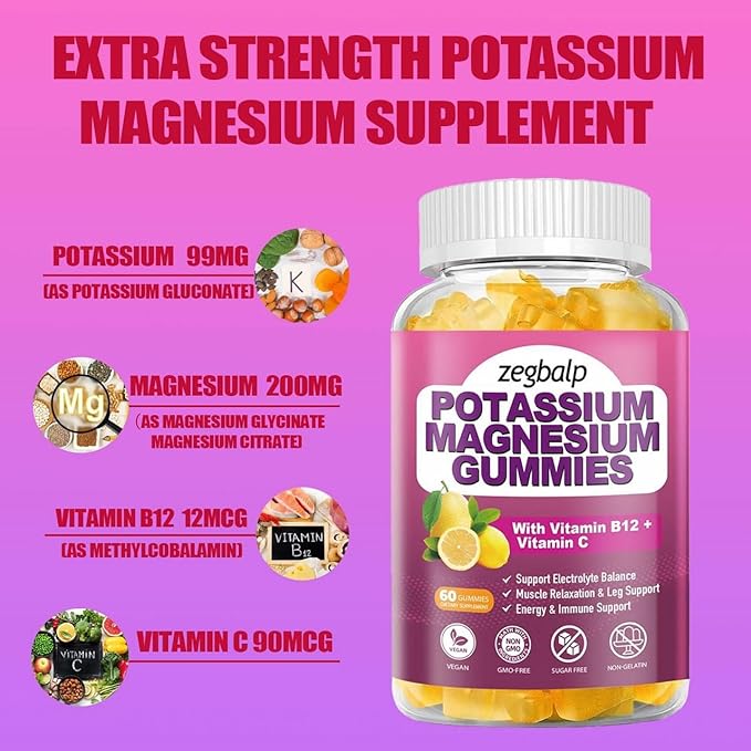 Sugar Free Potassium Magnesium Gummies for Adults Potassium Citrate with Magnesium Glycinate, Citrate, Vitamin B6 & C Supplement Supports Leg, Muscle, Mood, Energy & Immune (120 Counts)