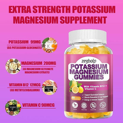 Sugar Free Potassium Magnesium Gummies for Adults Potassium Citrate with Magnesium Glycinate, Citrate, Vitamin B6 & C Supplement Supports Leg, Muscle, Mood, Energy & Immune (120 Counts)