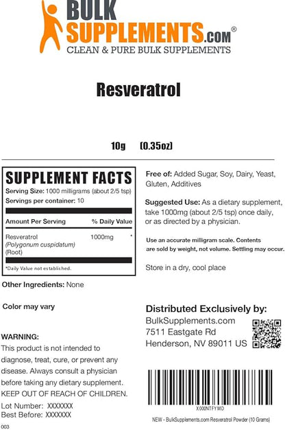 BulkSupplements.com Resveratrol Powder - Resveratrol Supplement, Polygonum Cuspidatum, Resveratrol 1000mg - Antioxidant & Gluten Free, 1000mg per Serving, 10g (0.35 oz) (Pack of 1)