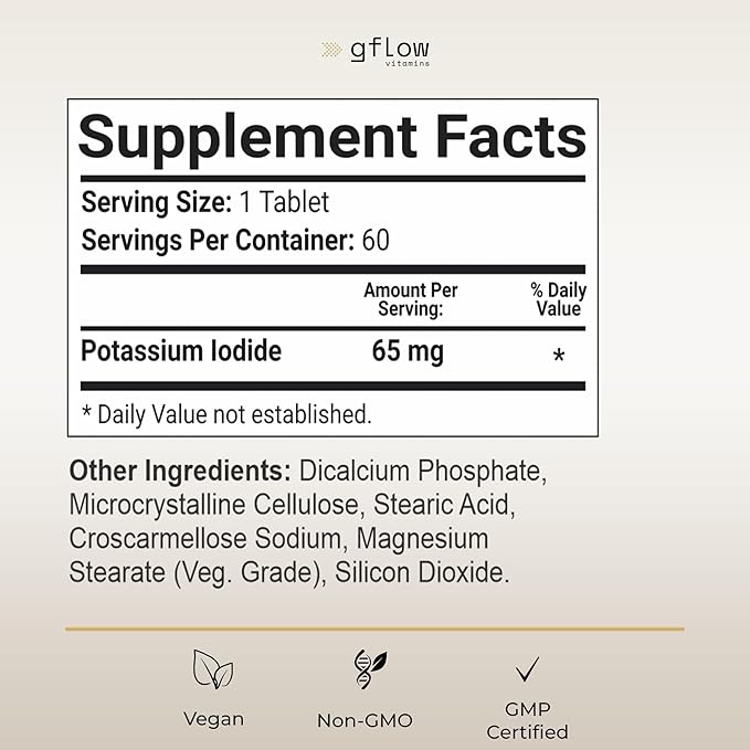 Potassium Iodide 65 mg Per Serving - Dietary Supplement, Thyroid Support - 4 Months Supply - 2 Pack - Non -GMO - Made in The USA - Exp Date 03/2029